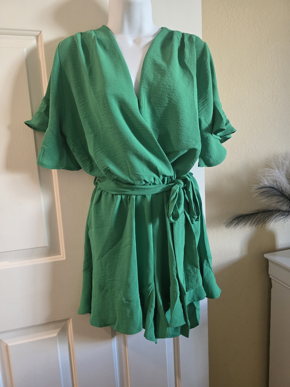 Green Wrap-Front Short Jumpsuit